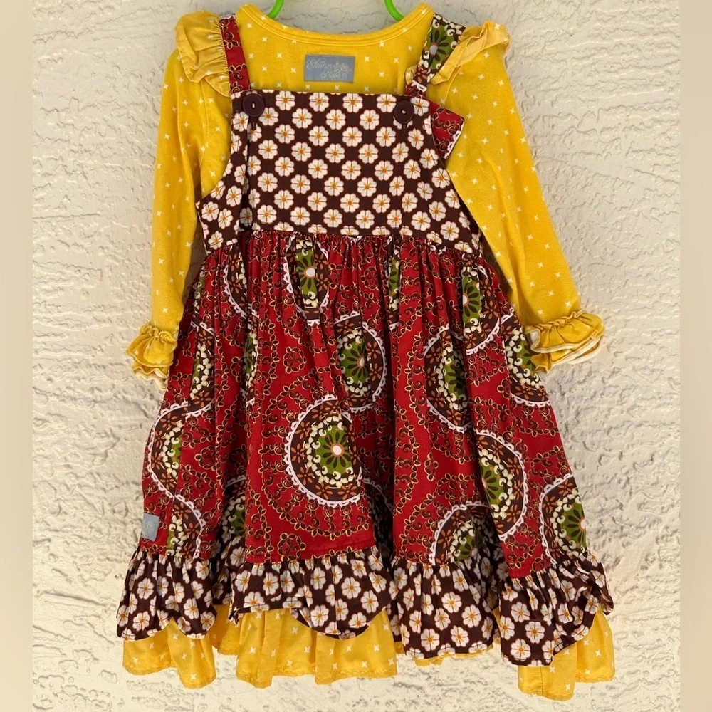 Eleanor Rose Girls Boutique Dress Bundle 2pc Fall Twirl Apple Pinafore Size 3/4